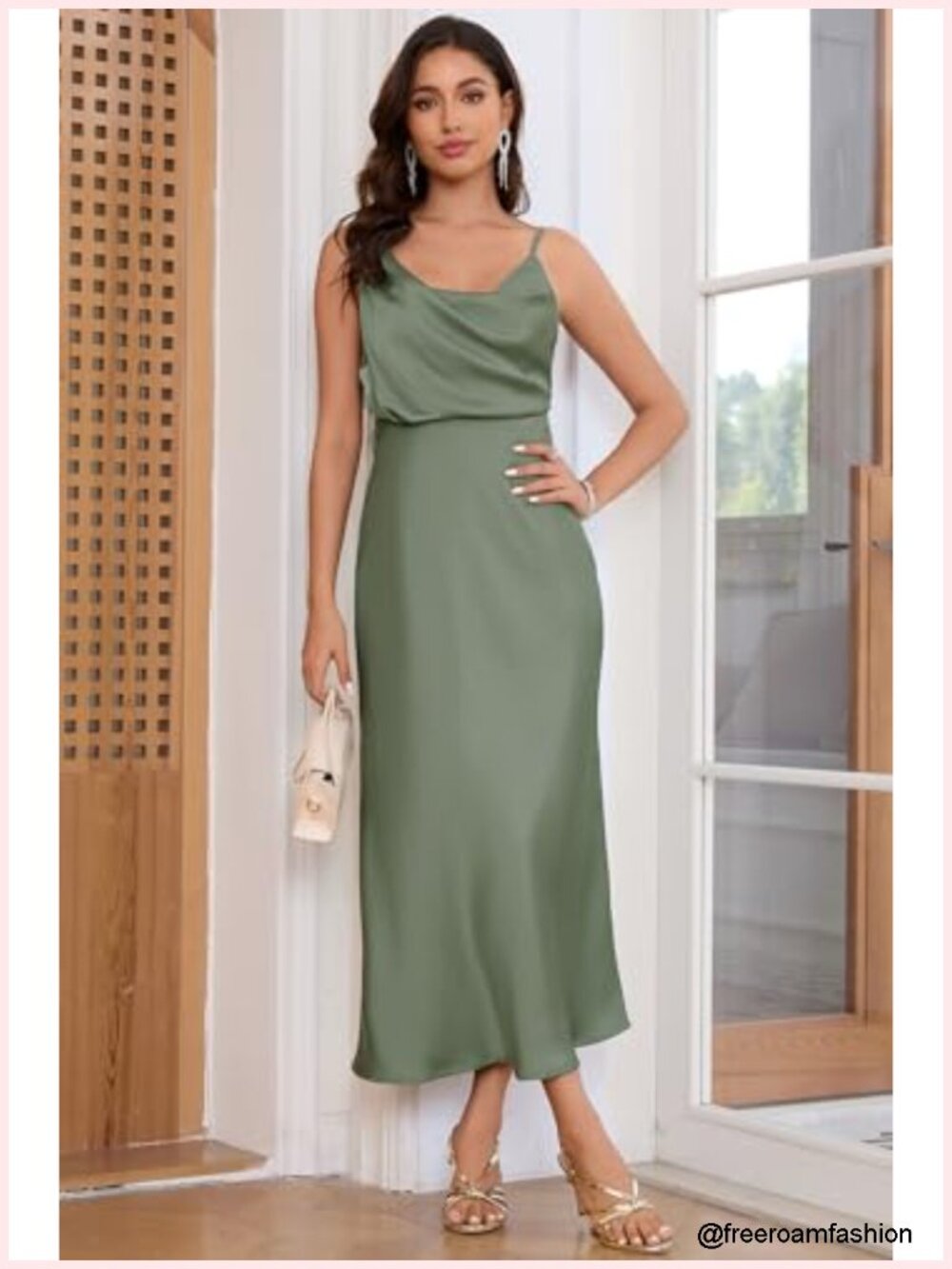 Satin Cowl Neck Spaghetti Strap Maxi Dress Bodycon Wedding Guest Cocktail Party - Picture 5 of 6